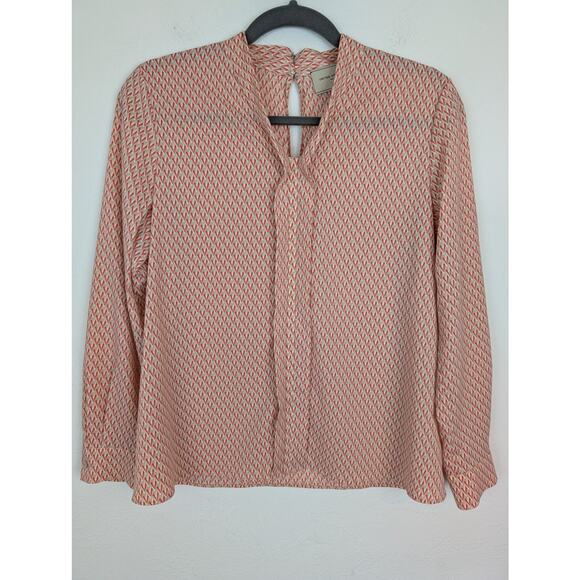 United Arrows Top Blouse Geometric Keyhole Japan Red Tan Cream Career Size 8 - Picture 1 of 10
